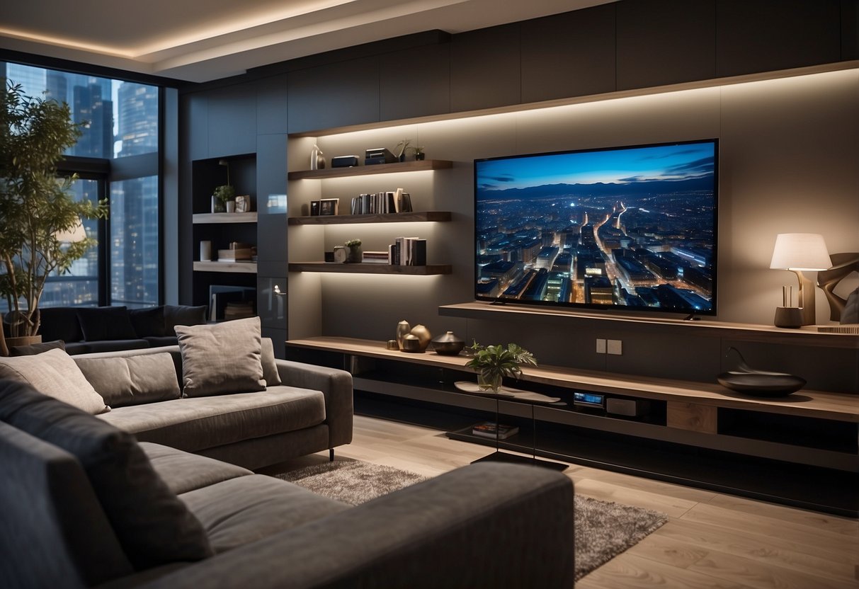 A modern living room with sleek media furniture, a large flat-screen TV mounted on the wall, stylish shelves for books and decor, and a comfortable sectional sofa facing the entertainment area