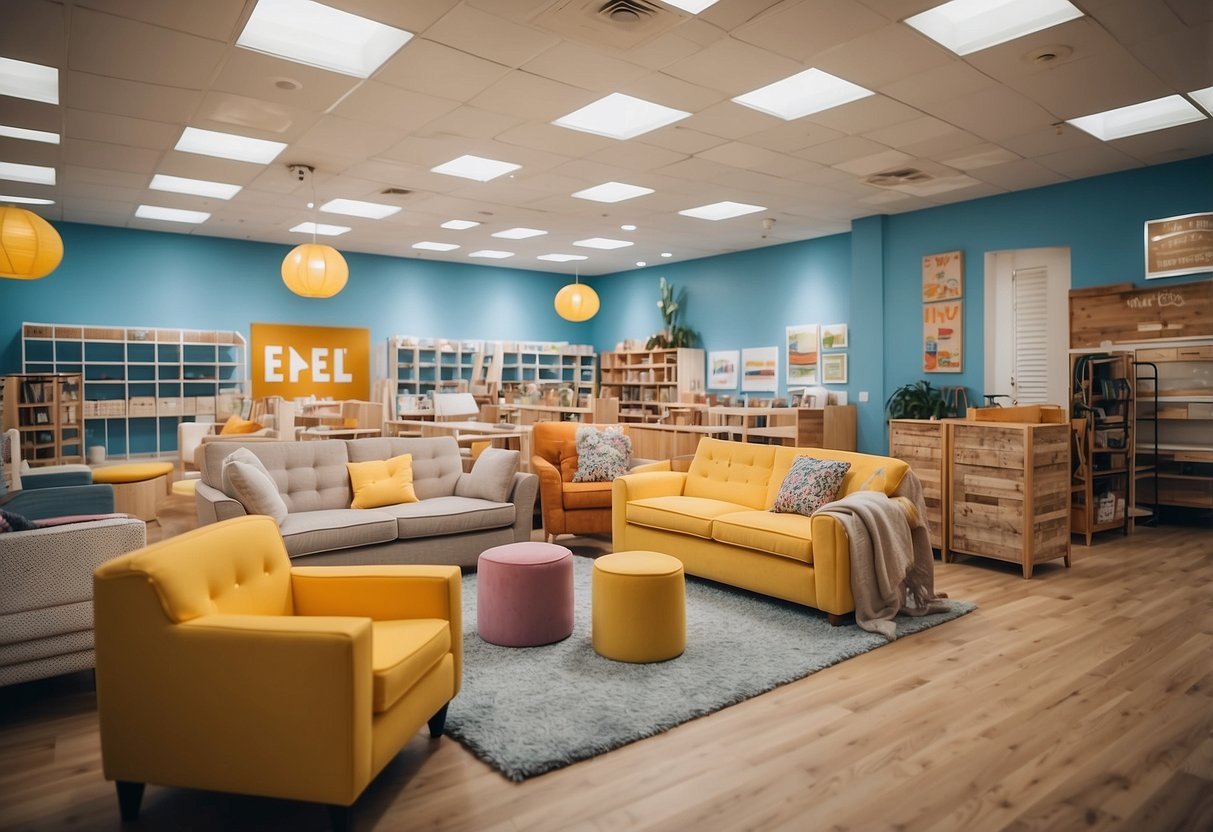 A room with affordable nursery furniture displayed. Bright colors, simple designs, and price tags visible. Customers browsing and asking questions