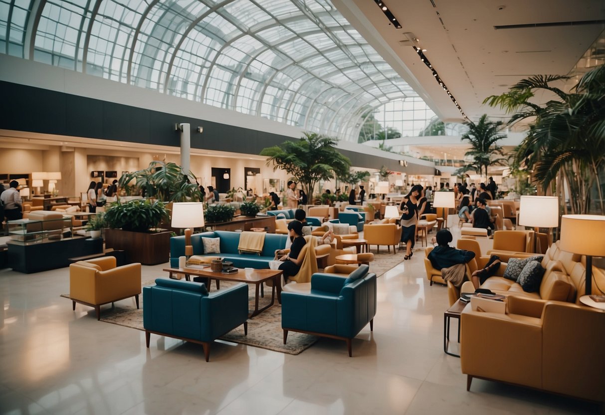 A bustling furniture sale in Singapore's courts, with customers browsing and making purchases amidst a variety of stylish and modern pieces