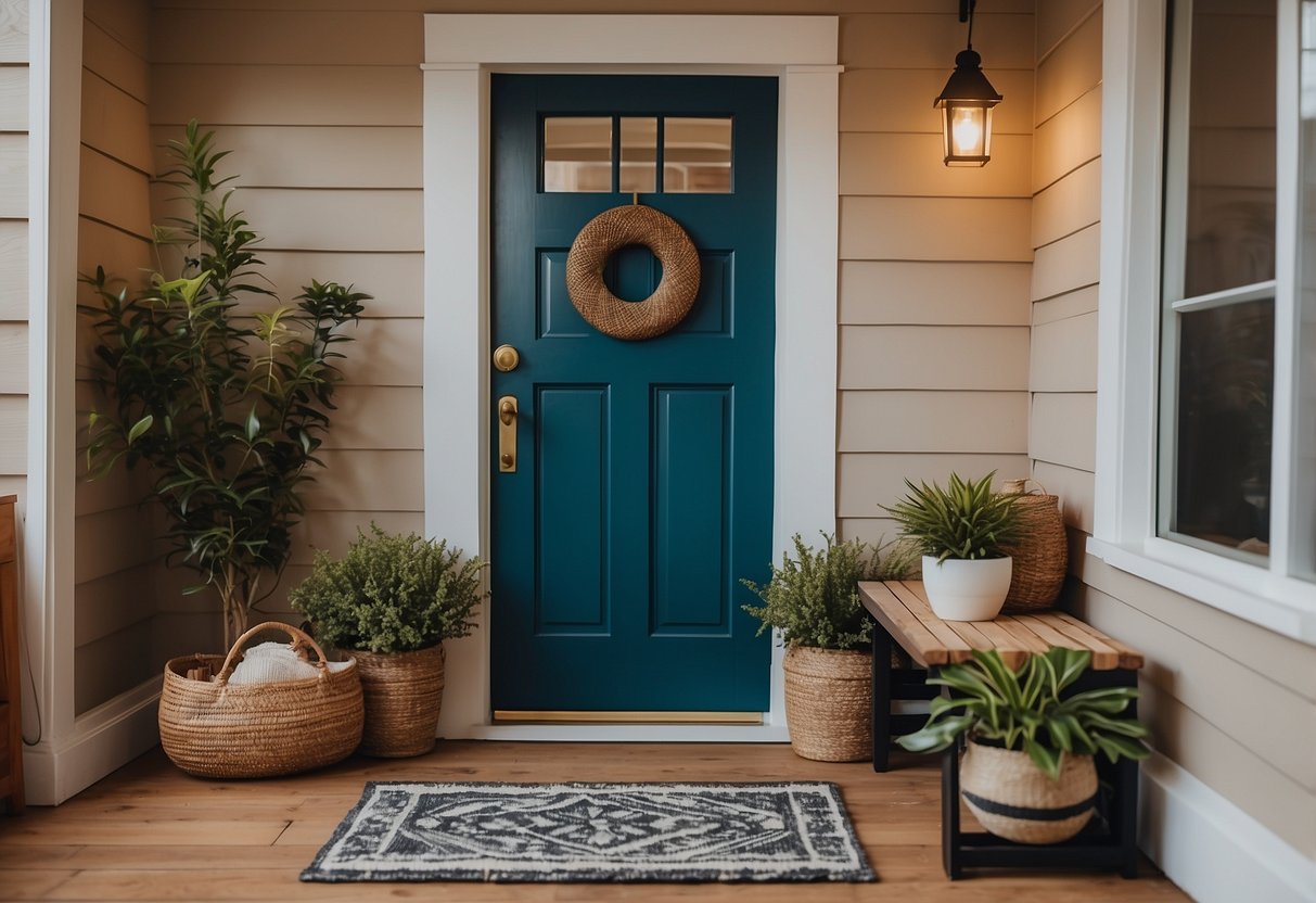 A cozy entryway with a wooden bench, a small table, and a decorative mirror on the wall. The space is accented with a few potted plants and a welcoming doormat