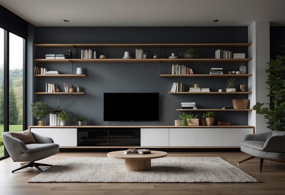 A modern living room with sleek media furniture showcasing functionality and storage solutions. Clean lines, integrated shelves, and hidden compartments