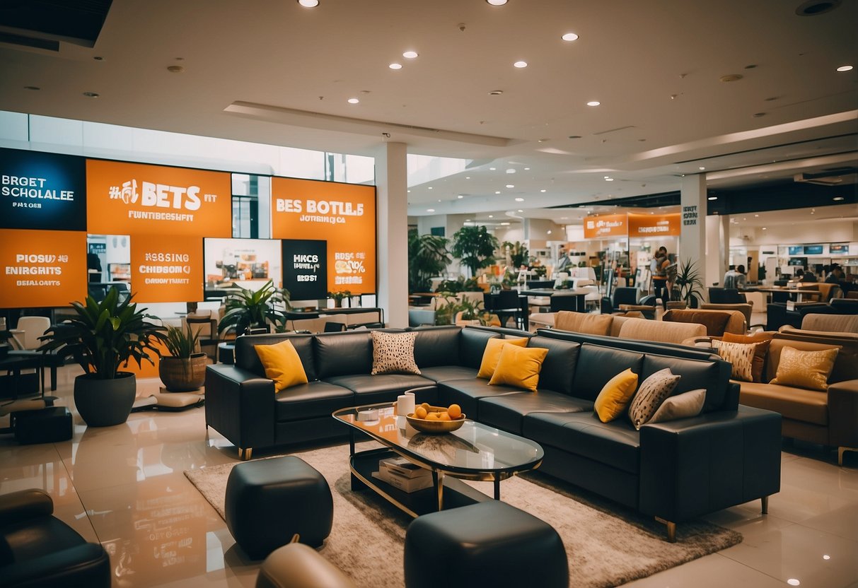 A bustling showroom with bright, bold signage advertising "Best Deals" at Courts furniture sale in Singapore