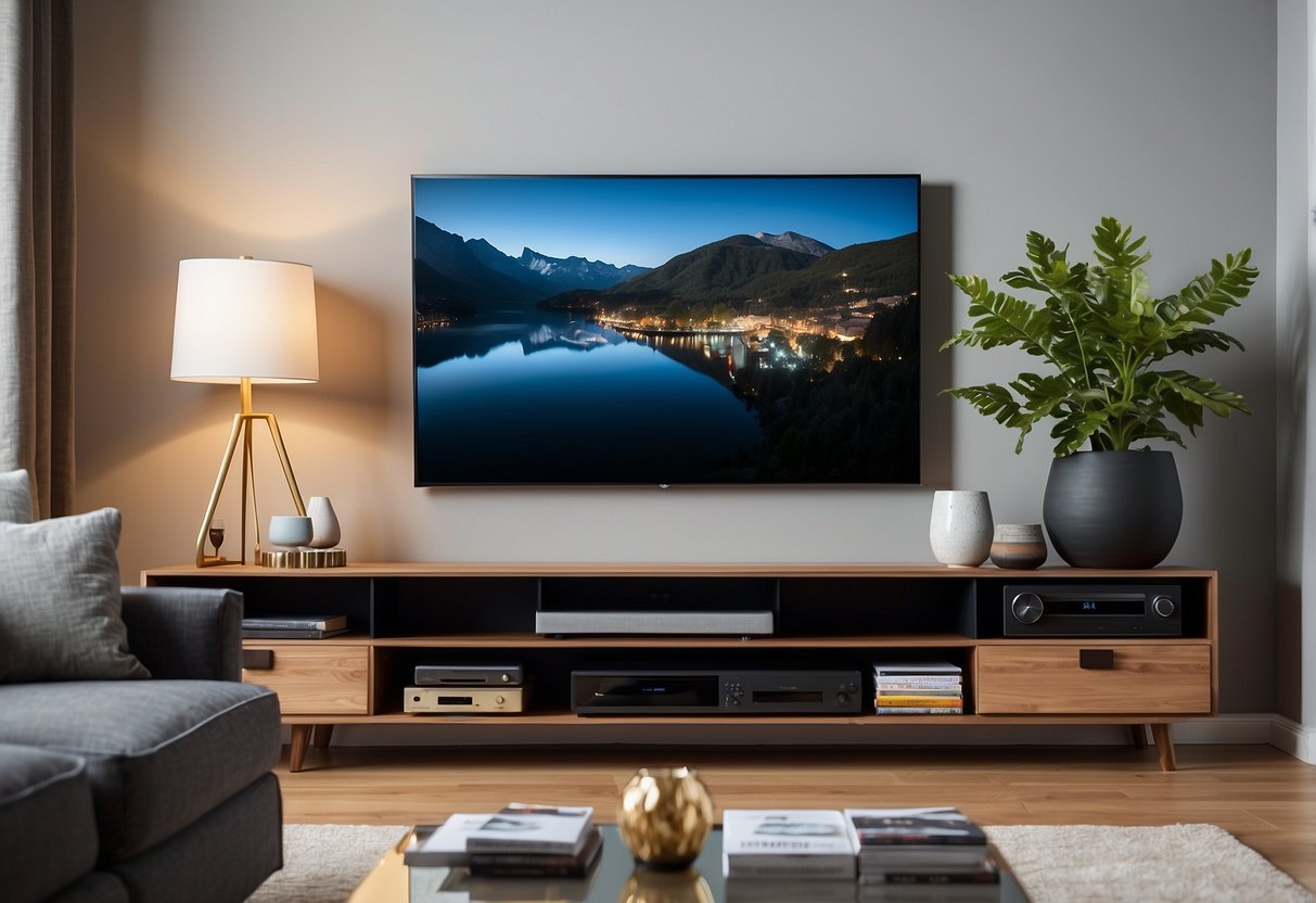 A modern living room with a sleek media console holding a TV, sound system, and neatly organized shelves for DVDs and gaming consoles
