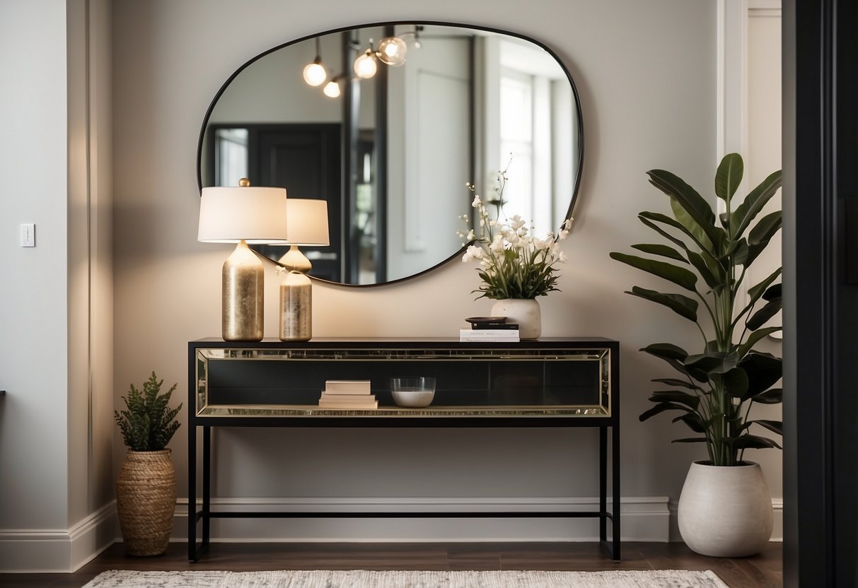 A small entryway with a sleek, modern console table, a mirror, and a few decorative items. Clean lines and minimalistic design
