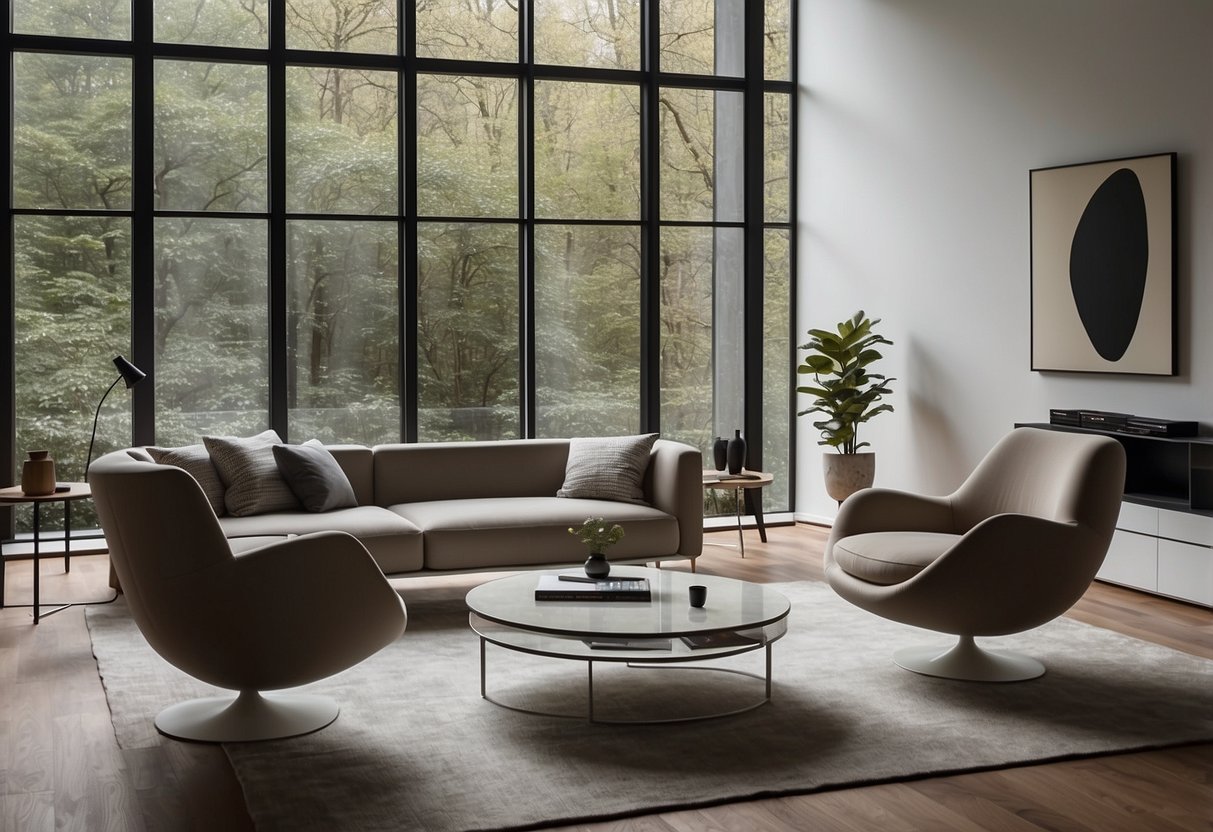 A modern living room with sleek Cappellini furniture, including a minimalist sofa and coffee table, illuminated by natural light from a large window