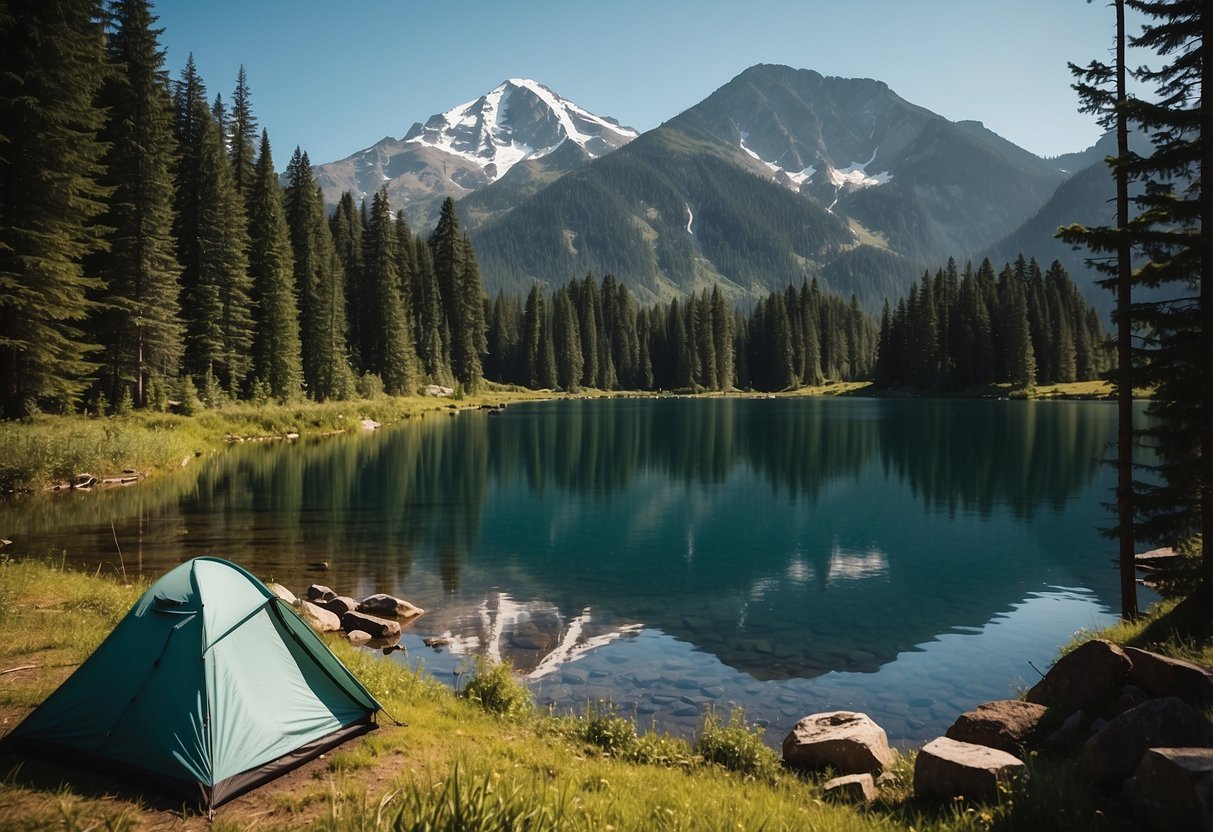 Lush green forest with towering mountains in the background, a serene lake reflecting the clear blue sky, and a cozy campfire surrounded by tents and camping gear