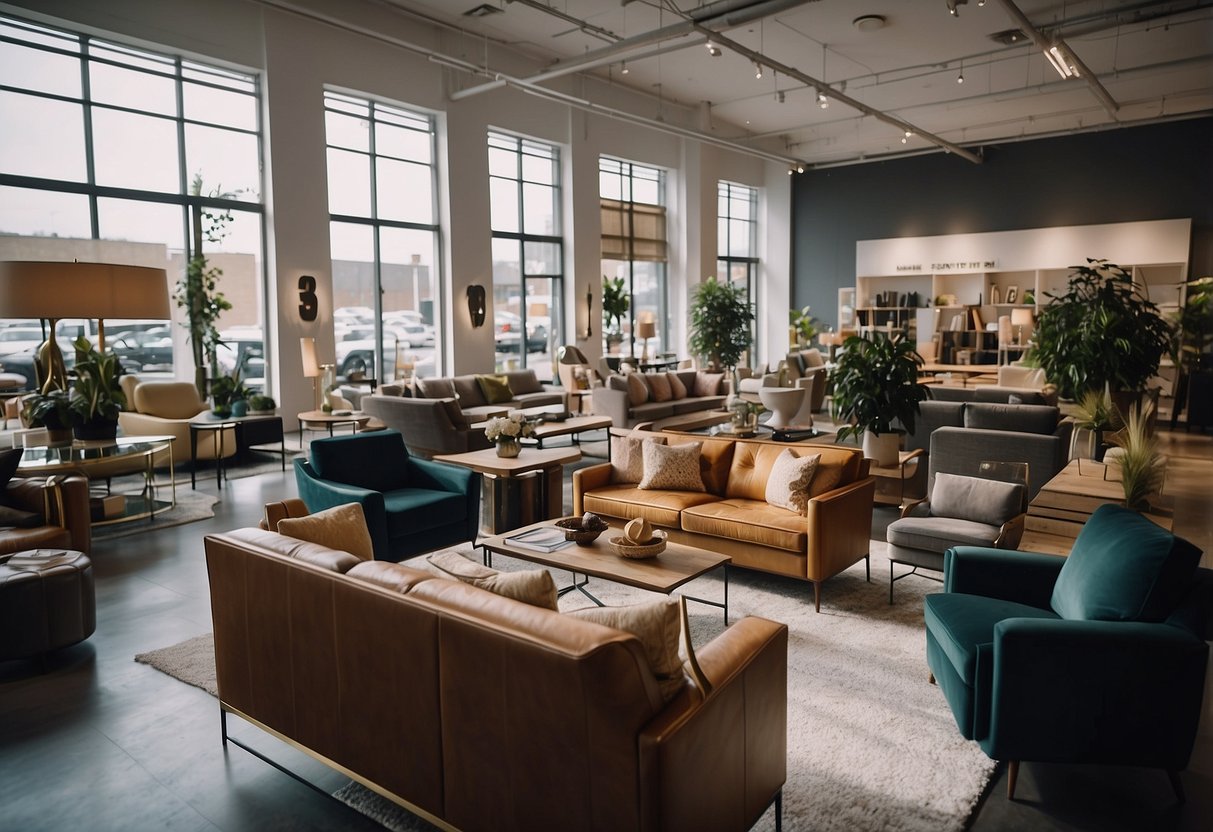 A bustling showroom with rows of stylish furniture, vibrant displays, and helpful staff assisting customers. A sign advertises the ongoing sale