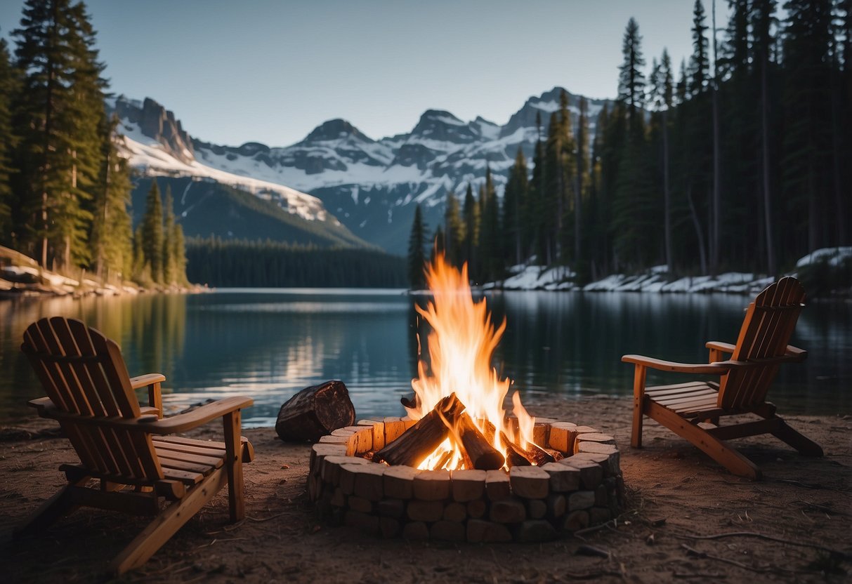 A serene lakeside campsite with a crackling campfire, surrounded by towering pine trees and snow-capped mountains in the distance