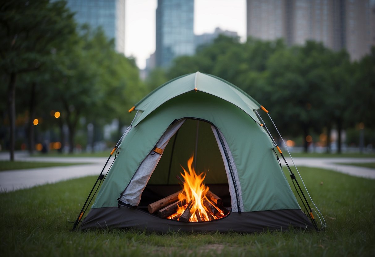 A tent pitched in a city park, with tall buildings in the background. A small campfire burns, and a backpack and camping gear are scattered around