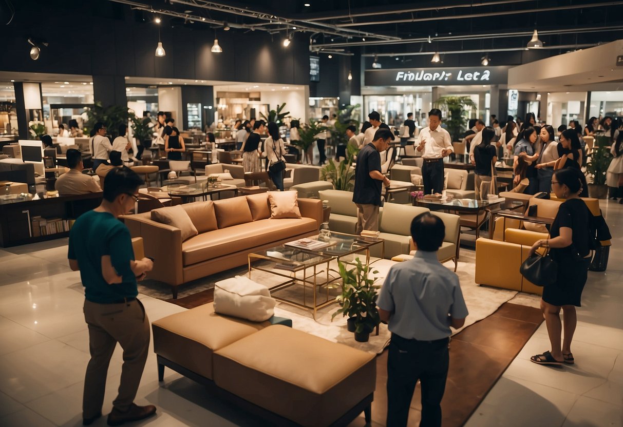 A bustling furniture sale in Singapore, with customers browsing, staff assisting, and signs displaying "Frequently Asked Questions" prominently
