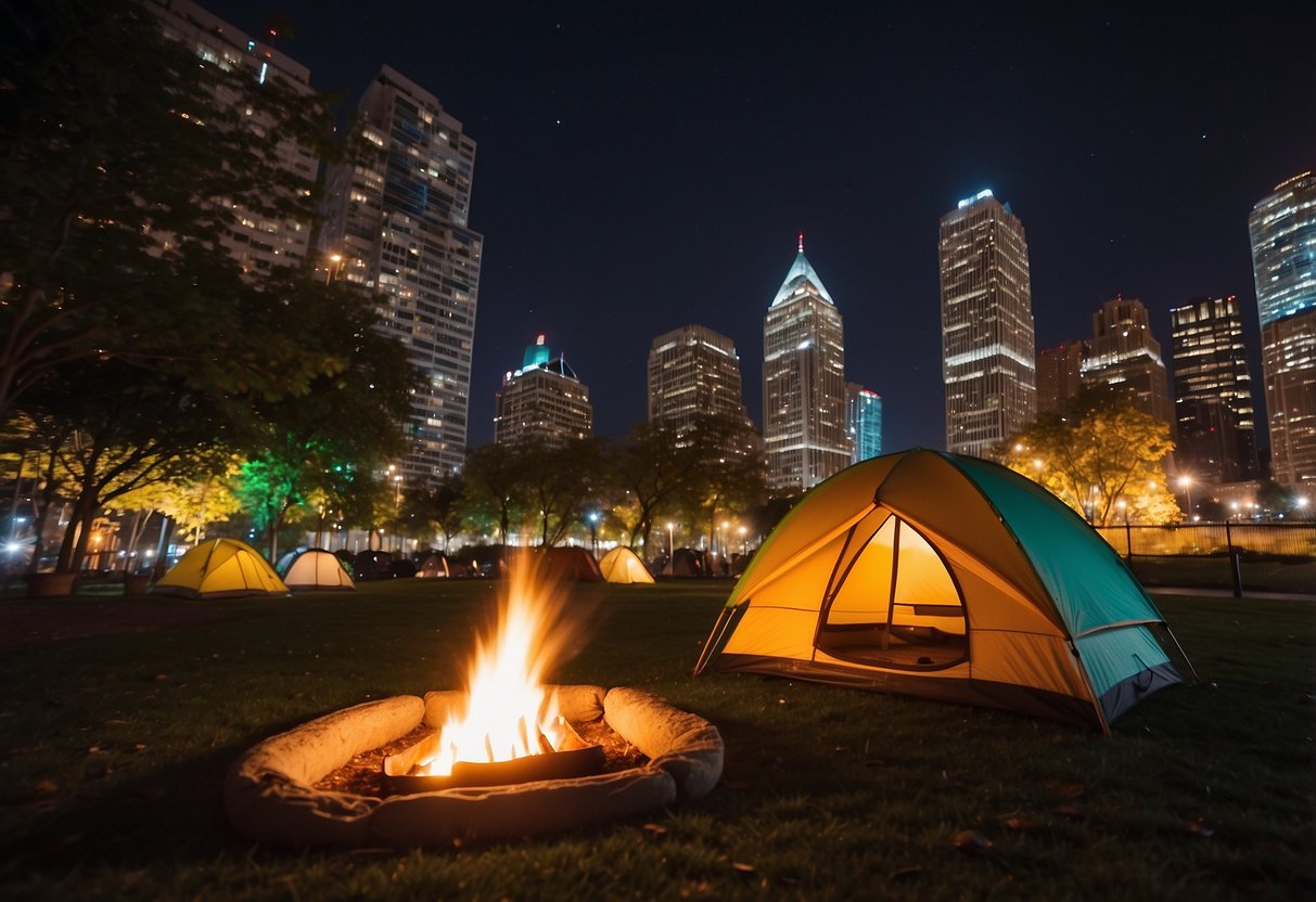 A colorful tent pitched in a city park, surrounded by tall buildings and twinkling city lights. A cozy campfire burns nearby, casting a warm glow on the scene