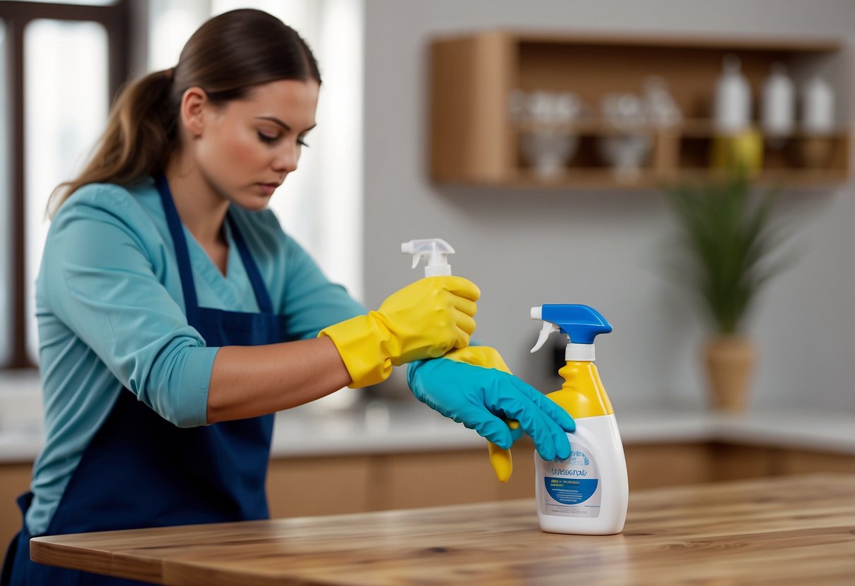 A person sprays mold cleaner on a wooden table, scrubs with a brush, and wipes clean with a cloth