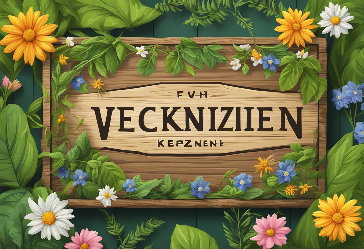 A rustic wooden sign with "vec kennzeichen" carved into it, surrounded by lush green foliage and vibrant wildflowers