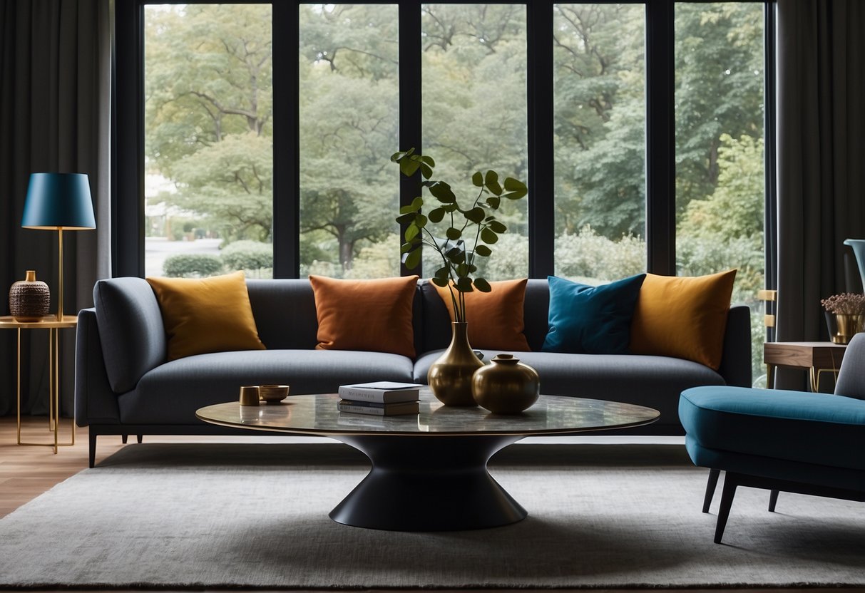 A modern living room with Cappellini furniture, including a sleek sofa, minimalist coffee table, and stylish chairs. Clean lines and bold colors create a contemporary and inviting space