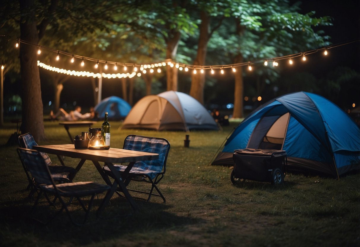 A city park at night, with tents set up and portable power sources in use. Campers are cooking, reading, and charging devices