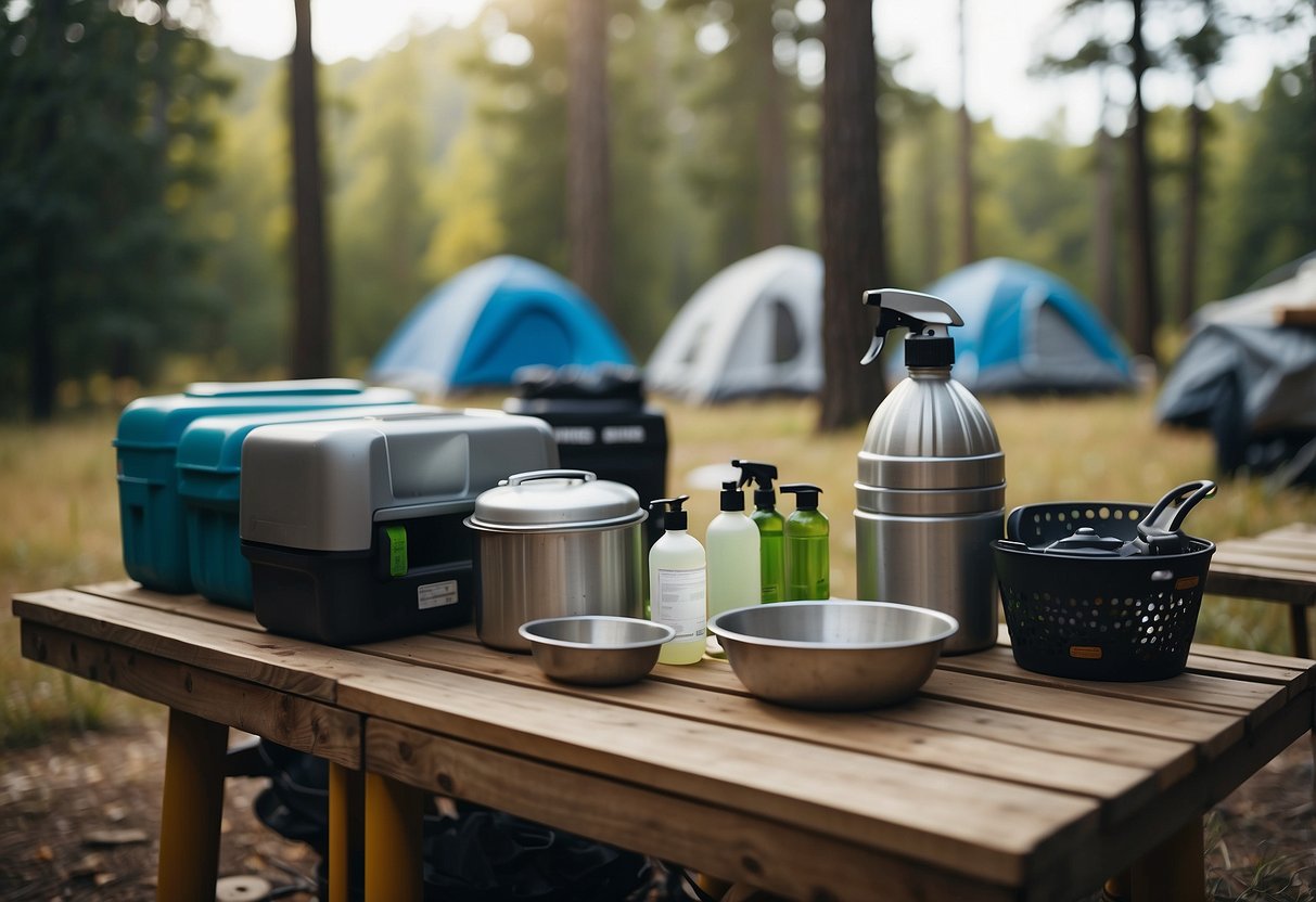 A clean campsite with organized gear, trash properly disposed of, and a hand washing station set up near the cooking area