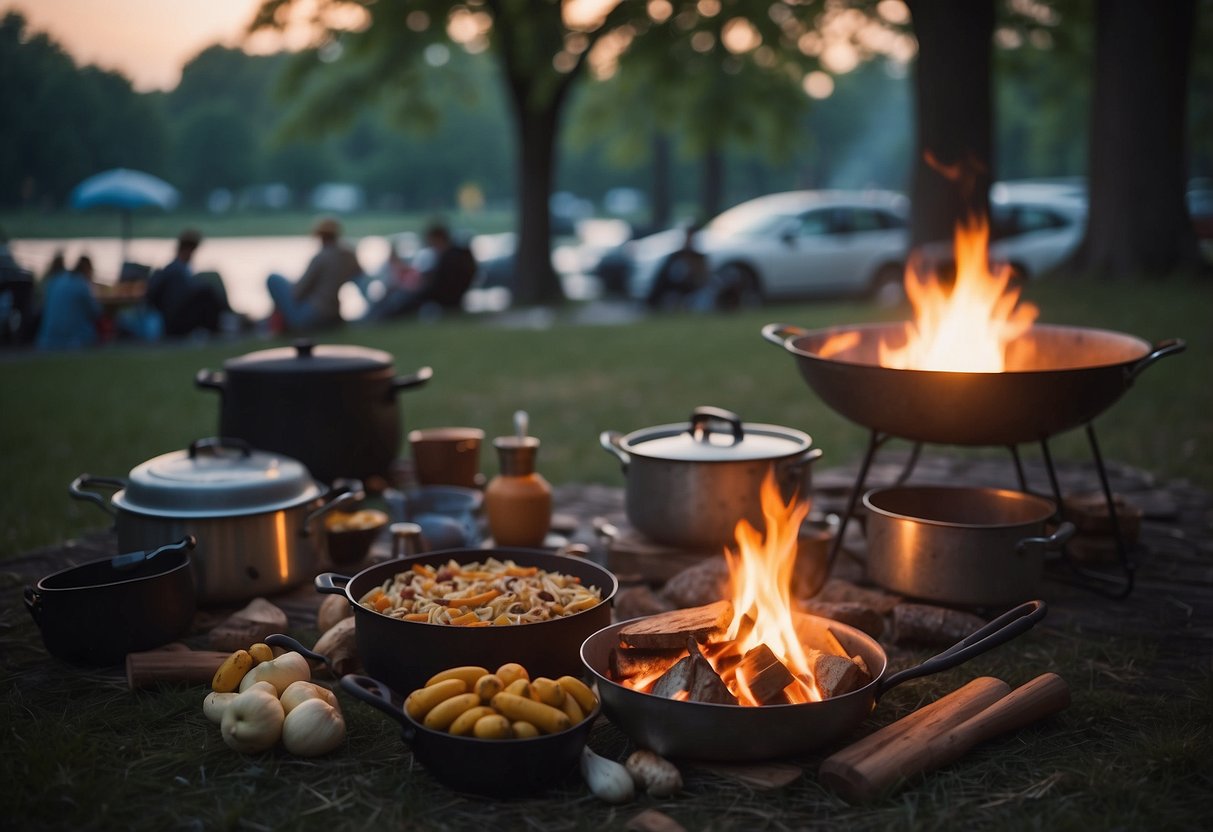 A city park at dusk, with a small campfire surrounded by a few cooking pots and utensils. A map and meal plan are laid out on a nearby picnic table