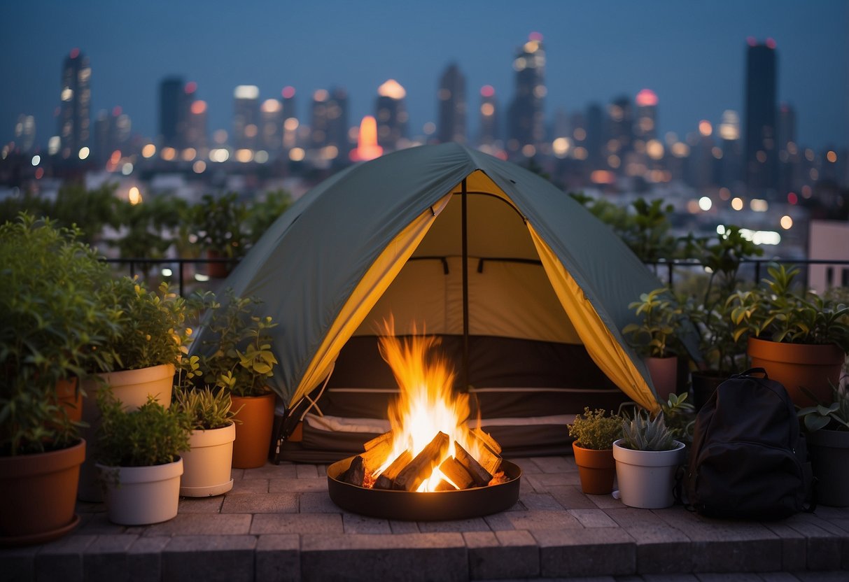 A tent pitched on a city rooftop, surrounded by potted plants and a small campfire. Backpack and camping gear laid out neatly. City skyline in the background