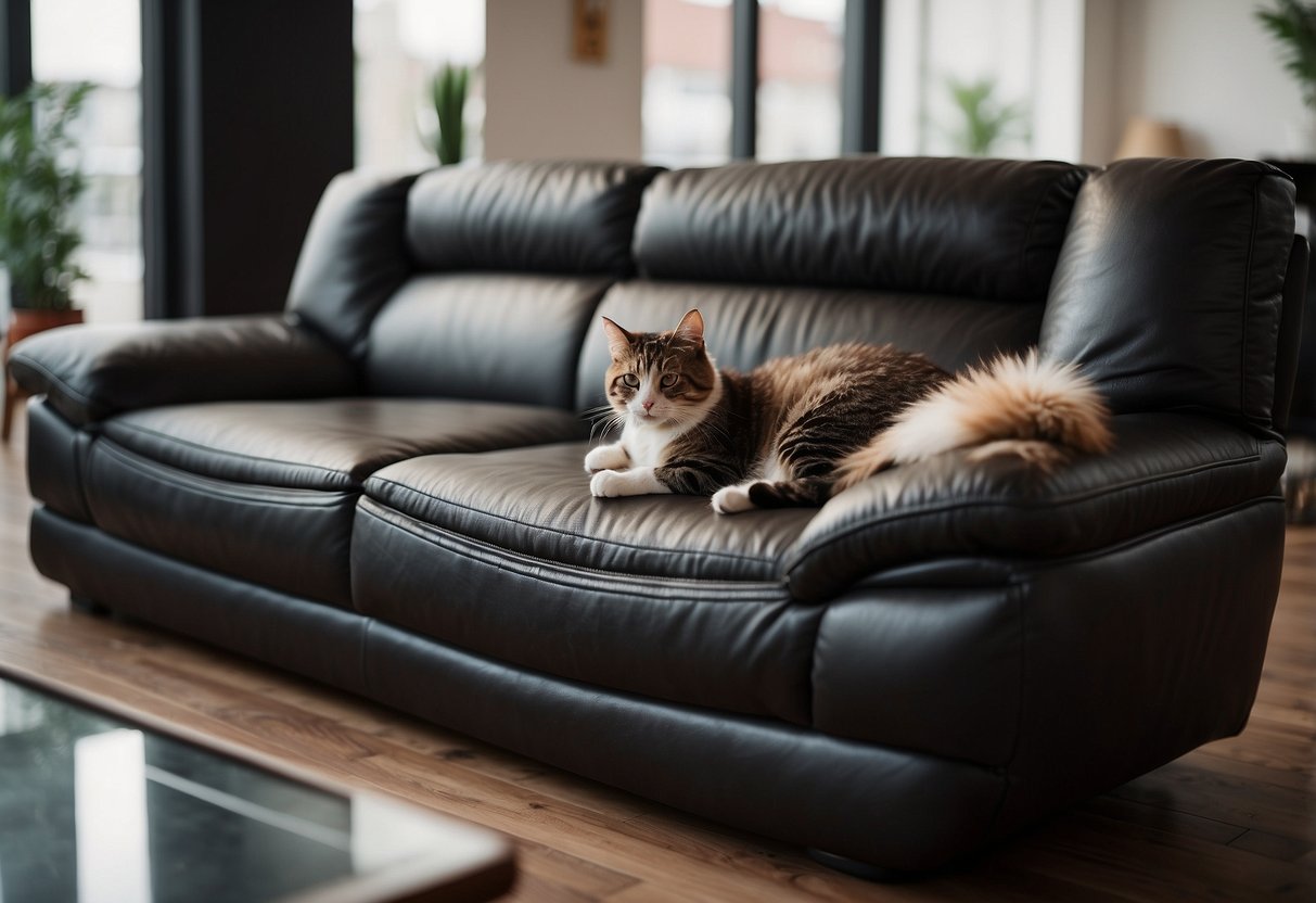 A sleek leather sofa with no visible scratch marks, surrounded by strategically placed scratching posts and toys
