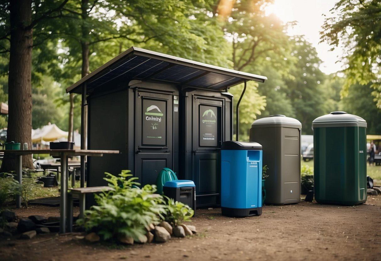 A campsite in a city park with solar-powered lights, a composting toilet, reusable water containers, and a small recycling station