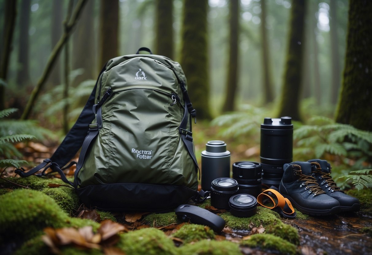 A tent, backpack, hiking boots, and a waterproof jacket and pants laid out on a forest floor with raindrops falling on them