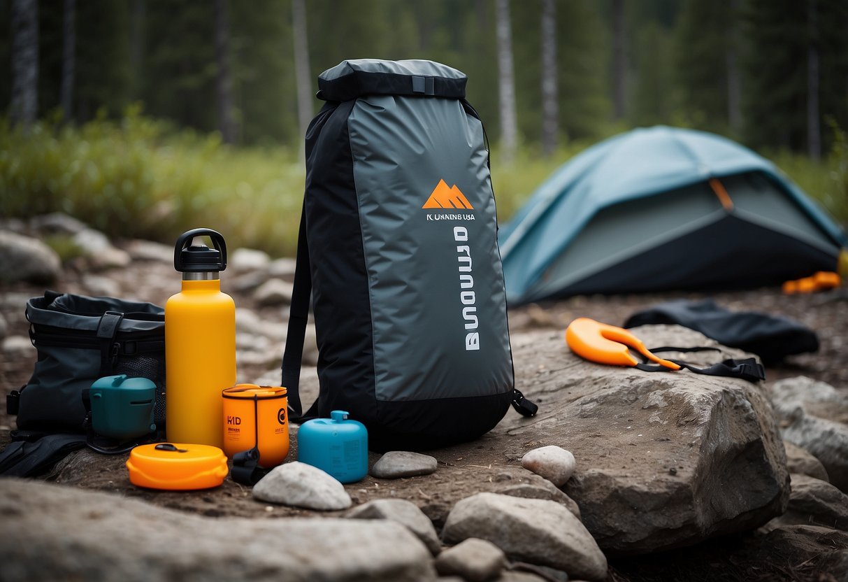 A rugged, waterproof dry bag sits on a rocky campsite, surrounded by camping gear and a roaring campfire. The bag is emblazoned with the Outland USA logo, standing out against the natural backdrop