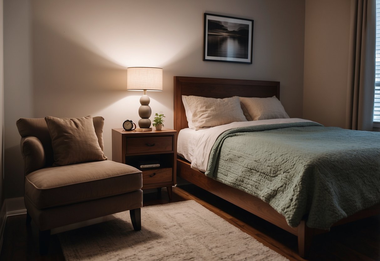 A cozy bedroom with a twin bed against the wall, a small nightstand with a lamp, a compact dresser, and a cozy reading nook with a comfortable chair and small side table