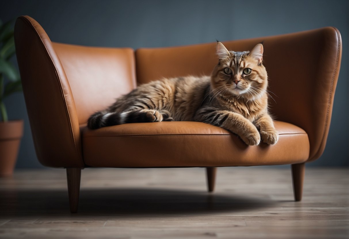 A sleek leather sofa with rounded edges, raised on sturdy legs. A cat lounges comfortably, unable to scratch or damage the smooth, durable material