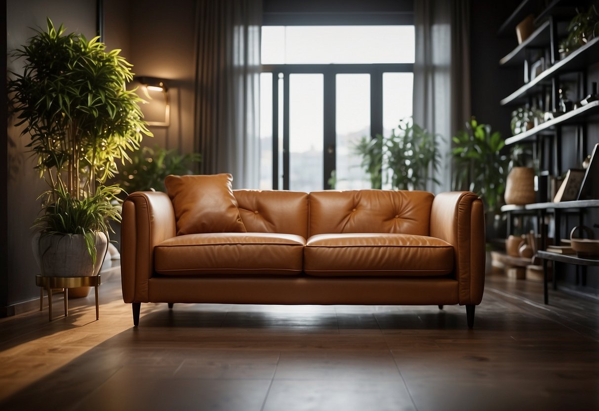 A sleek leather sofa with rounded edges and reinforced seams, surrounded by strategically placed scratching posts and deterrent sprays