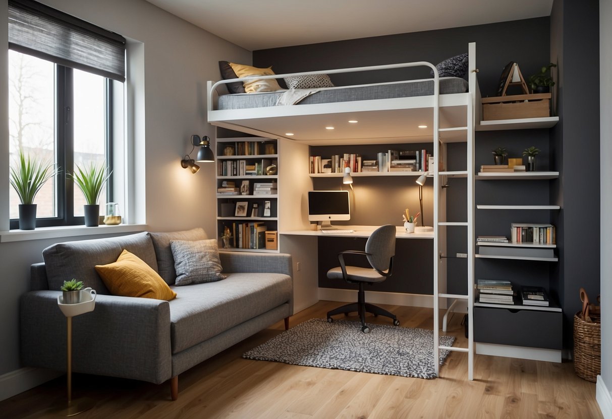 A small bedroom with a loft bed, wall-mounted desk, and storage ottoman. A fold-out sofa and floating shelves maximize floor space