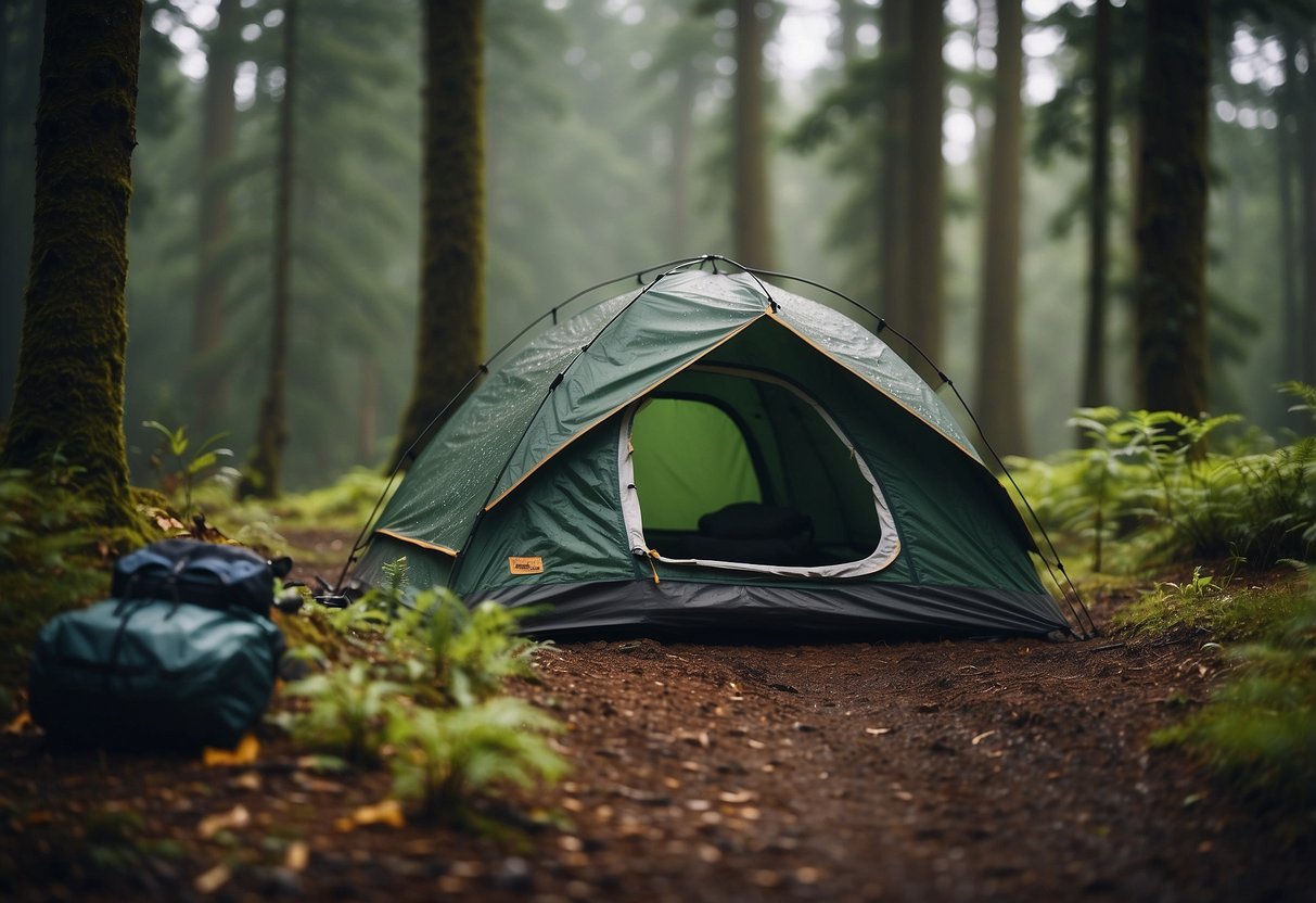 A campsite with waterproof tent, backpack, sleeping bag, and cooking gear. Raindrops on gear. Forest background