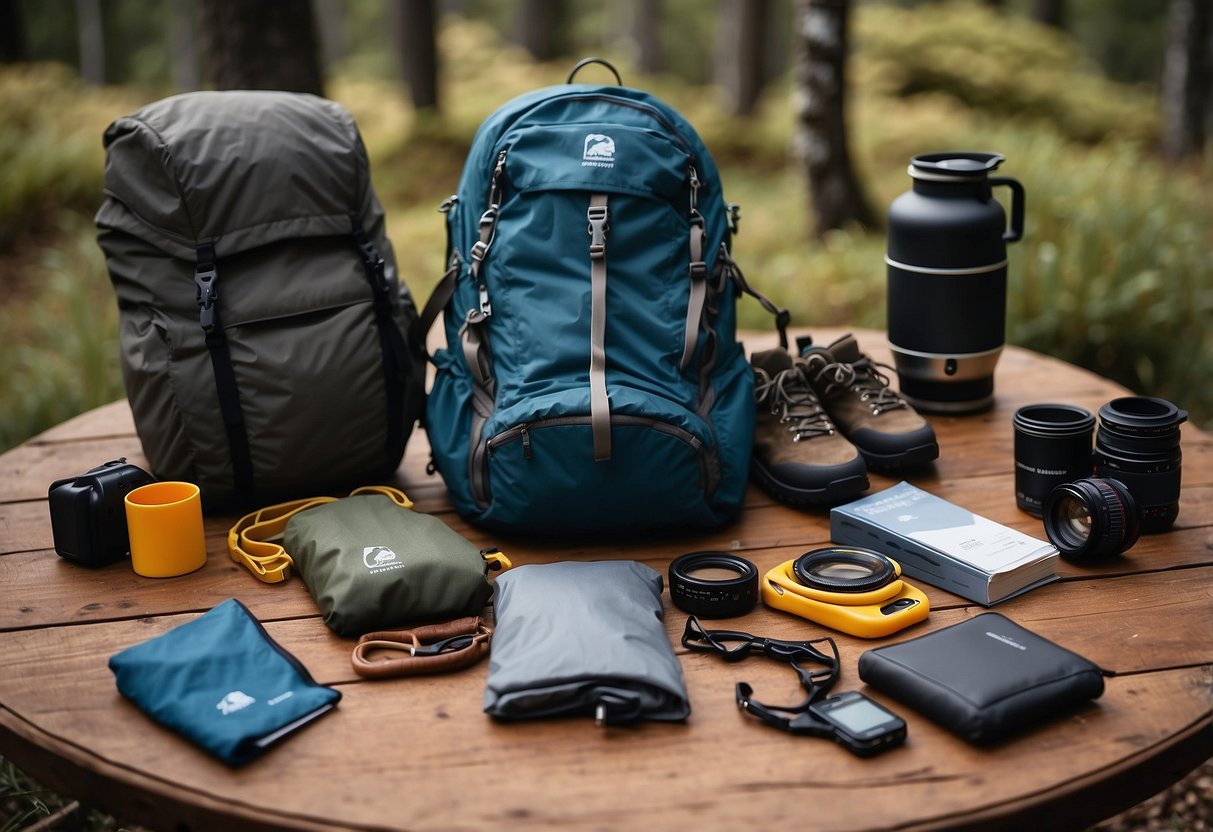 Outdoor gear laid out neatly on a table with camping essentials: waterproof tent, backpack, sleeping bag, and hiking boots. A hand-drawn care guide is placed next to the items