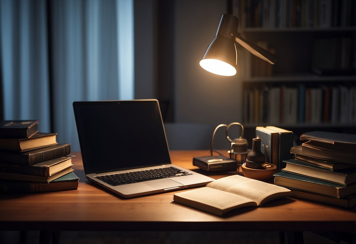 A cluttered study table with books, a laptop, and a desk lamp