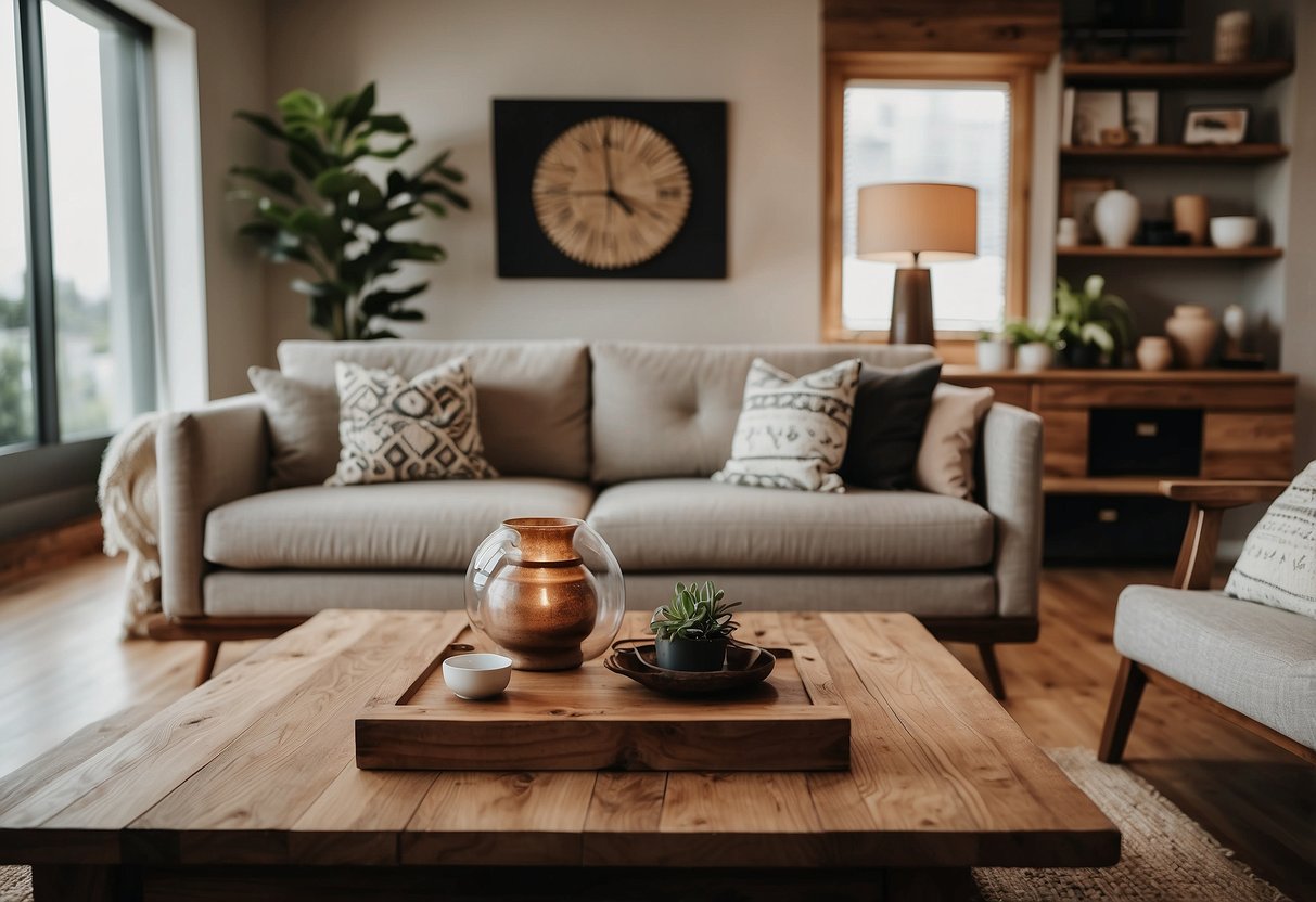 A cozy living room with custom timber furniture, including a handcrafted coffee table, a sleek bookshelf, and a rustic dining table with matching chairs