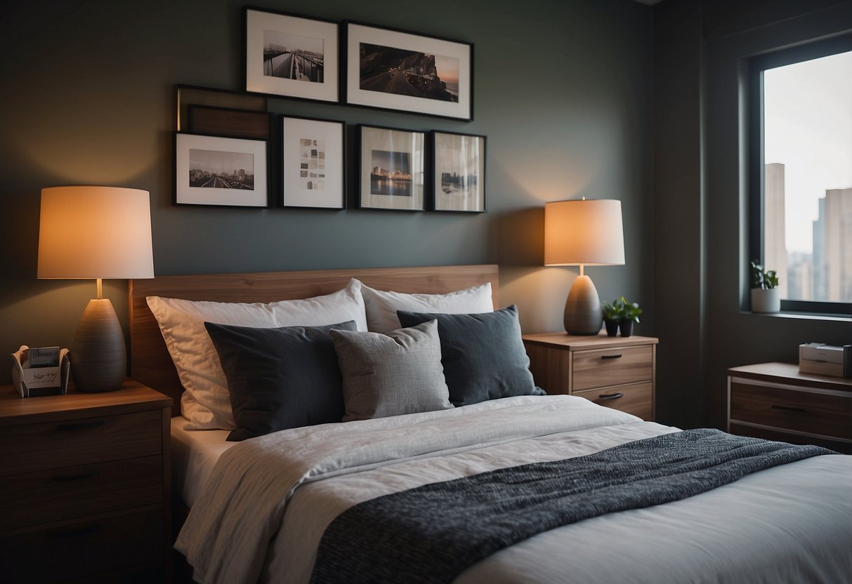 A bed sits against the far wall, flanked by matching nightstands. A compact desk and chair create a cozy workspace. A tall bookshelf and a small dresser complete the functional yet aesthetically pleasing furniture arrangement