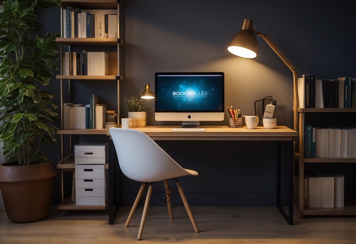 A well-lit study table with a comfortable chair, organized stationery, and a nearby bookshelf