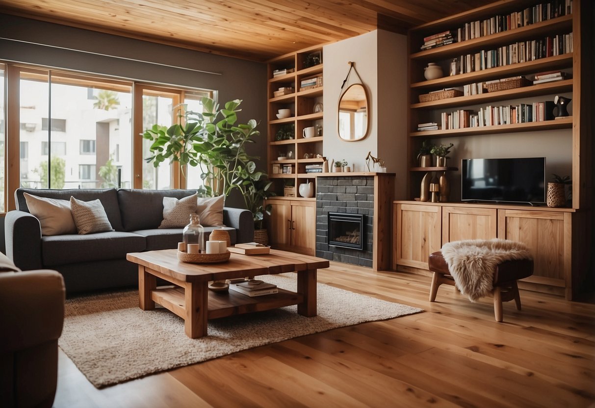 A cozy living room with a handcrafted timber coffee table, bookshelves, and a dining set. The warm wood tones and intricate craftsmanship give the space a rustic and inviting feel
