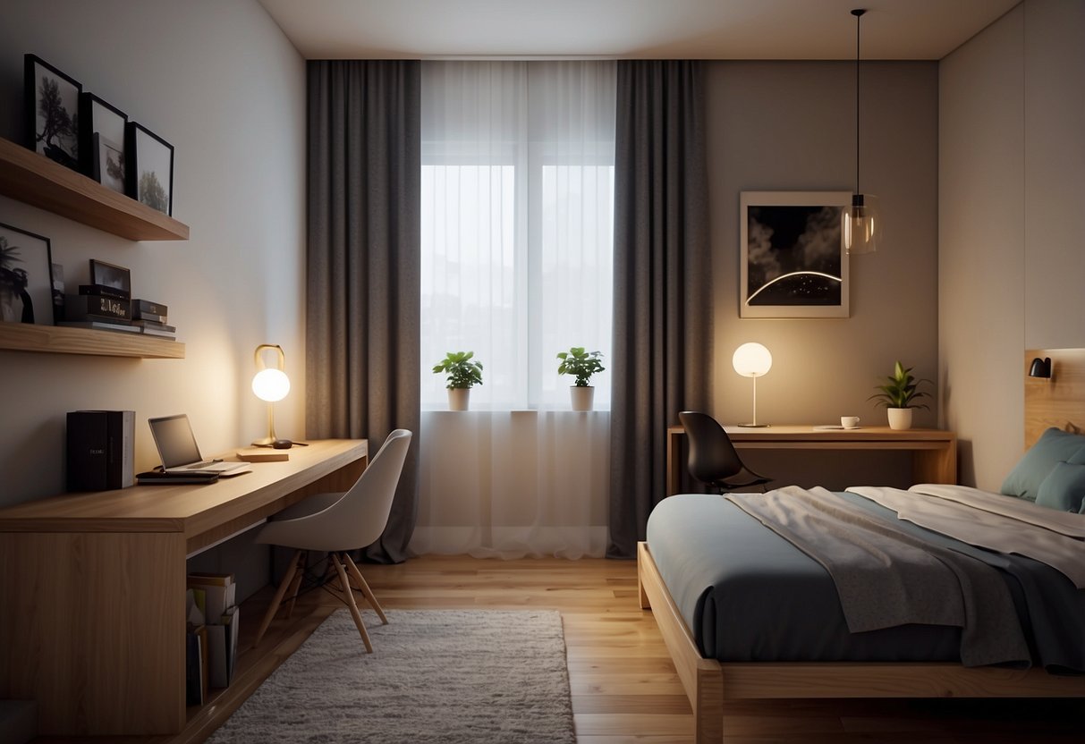 A cozy bedroom with a twin bed against the wall, a small nightstand with a lamp, and a compact desk with a chair in the corner