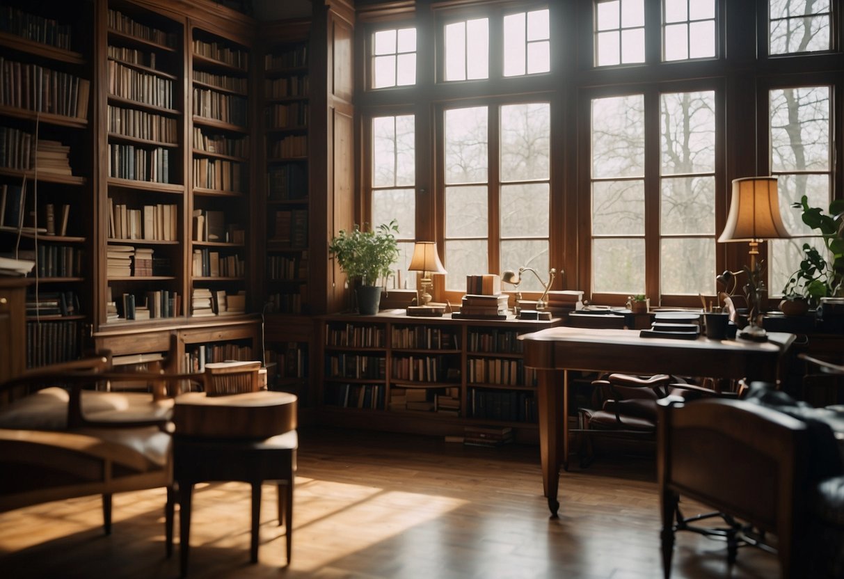 A study table sits in a well-lit room with a window, surrounded by books and a comfortable chair