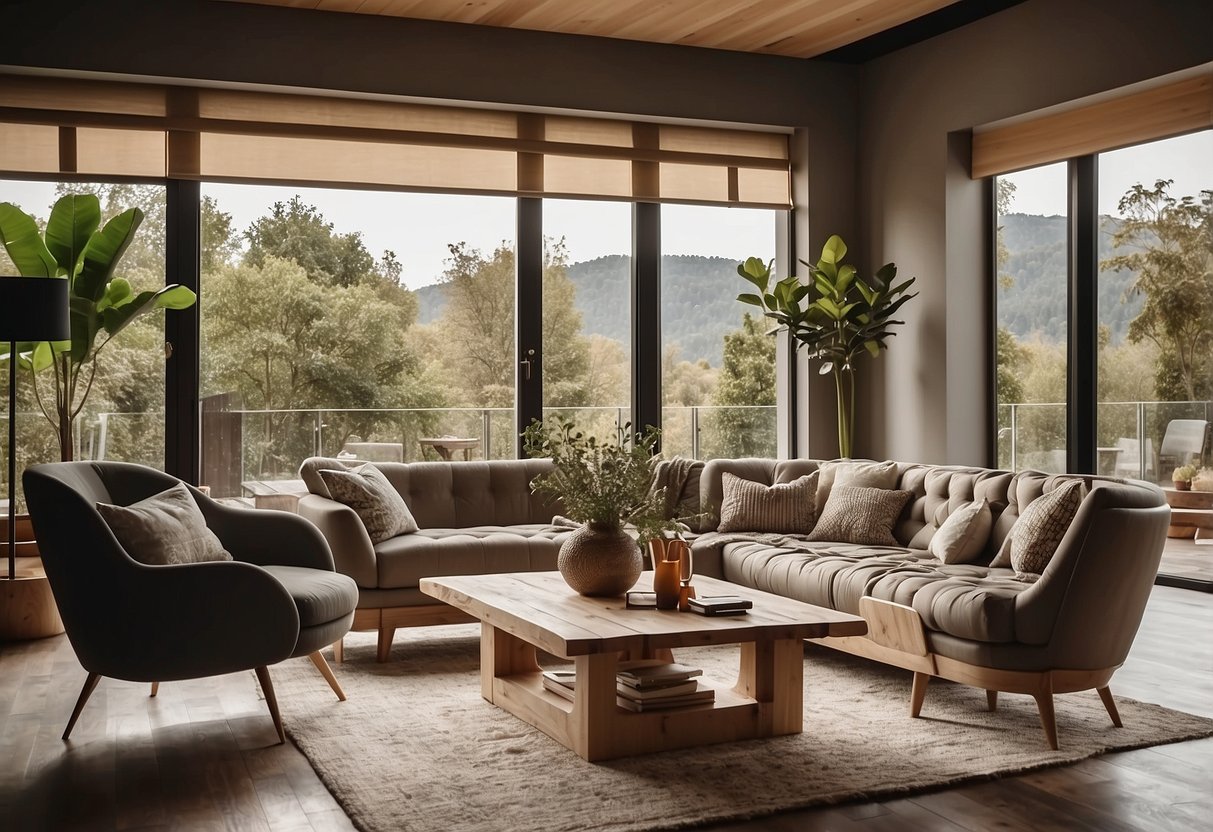 A living room with a custom timber coffee table, a bedroom with a handcrafted timber bed frame, and a dining room with a bespoke timber dining table and chairs