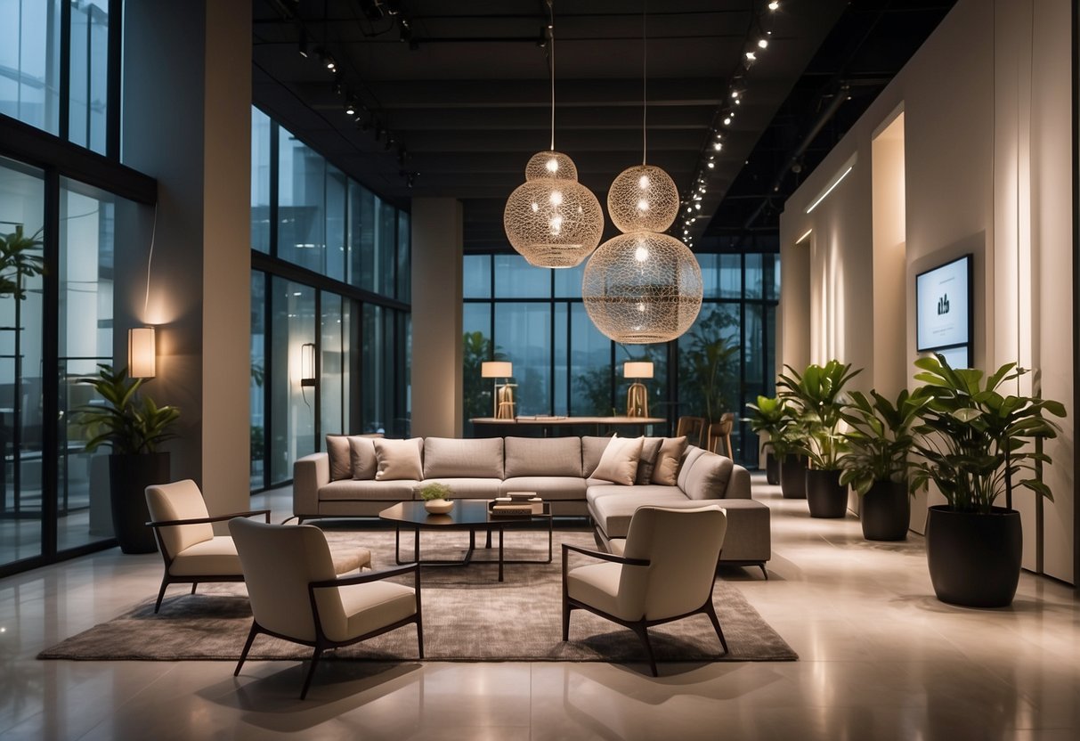 A modern furniture showroom in Singapore, featuring sleek designs and minimalist decor. Bright lighting highlights the clean lines and contemporary pieces on display
