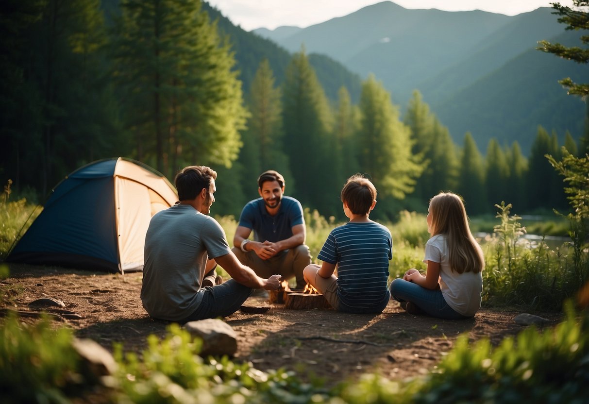 A family sits around a campfire in a lush forest, with towering mountains in the background. Tents are pitched nearby, and a stream glistens in the distance