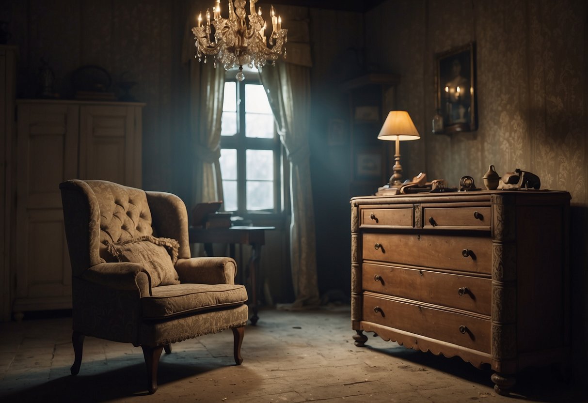 The old armchair creaked and groaned, its fabric tattered and worn. The antique dresser seemed to watch with its chipped, ghostly eyes. A dusty chandelier flickered ominously overhead