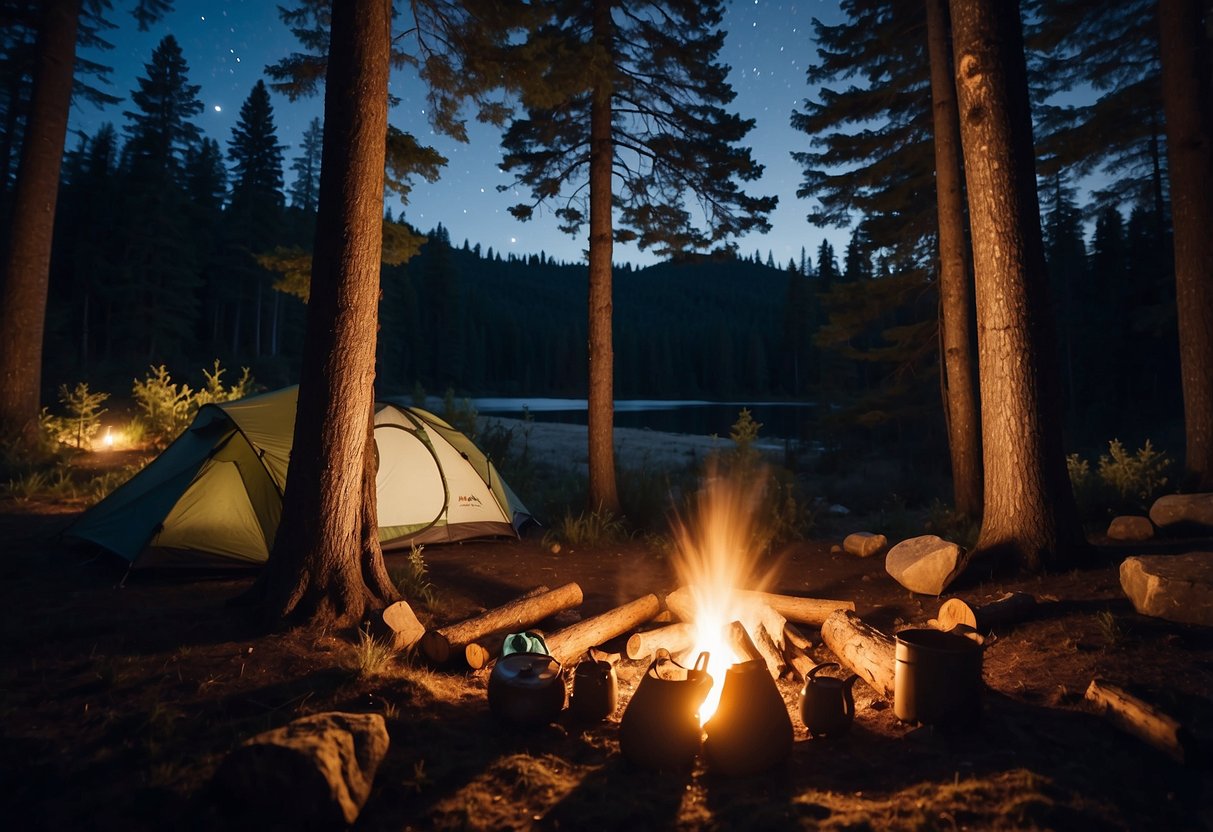 A campsite with a tent, sleeping bags, backpacks, and a campfire surrounded by towering trees and a clear night sky