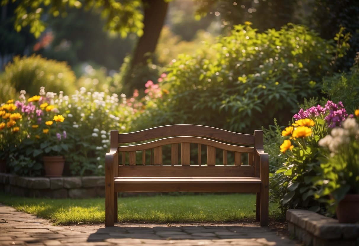 A wooden bench sits in a serene garden, surrounded by lush greenery and colorful flowers. The sunlight filters through the leaves, casting dappled shadows on the smooth surface of the bench