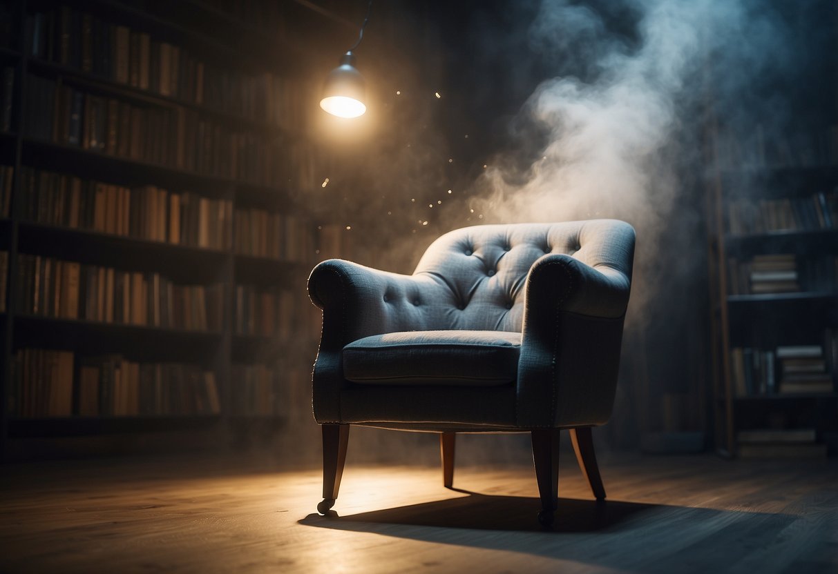 A chair levitates in a dimly lit room, surrounded by swirling mist and flickering lights. Books fly off shelves, and a table shakes violently