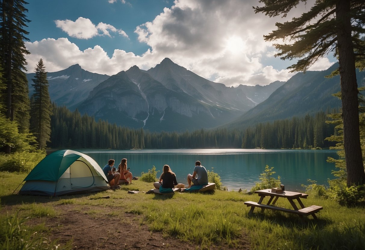 Campers pitching tents in a lush forest, surrounded by towering mountains and a serene lake. Signs with safety tips and the names of national parks are posted nearby