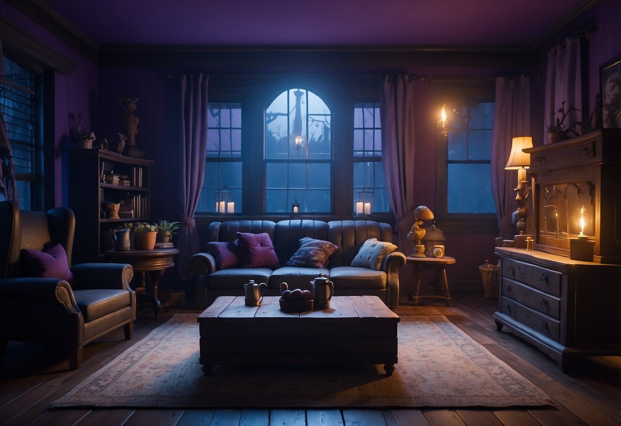 The haunted household furniture in Fortnite's Fortnitemares Event moves and creaks on its own, casting eerie shadows in the dimly lit room