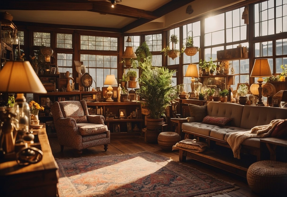 A cozy, cluttered furniture shop with wooden shelves, vintage lamps, and colorful rugs. Sunlight streams through the windows, casting warm shadows on the eclectic pieces