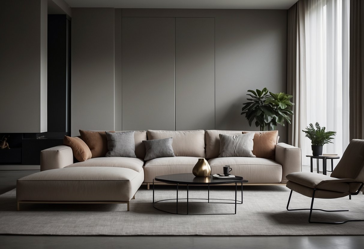 A modern living room with sleek, minimalist furniture in neutral tones, accented with pops of color. Clean lines and open spaces create a sense of calm and sophistication
